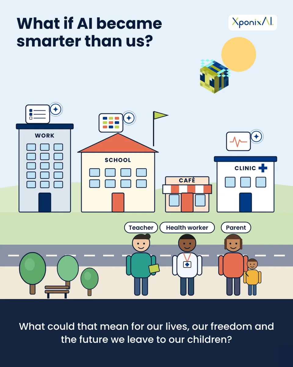 Illustration of a town with a workplace, school, café and clinic, asking what if AI became smarter than us
