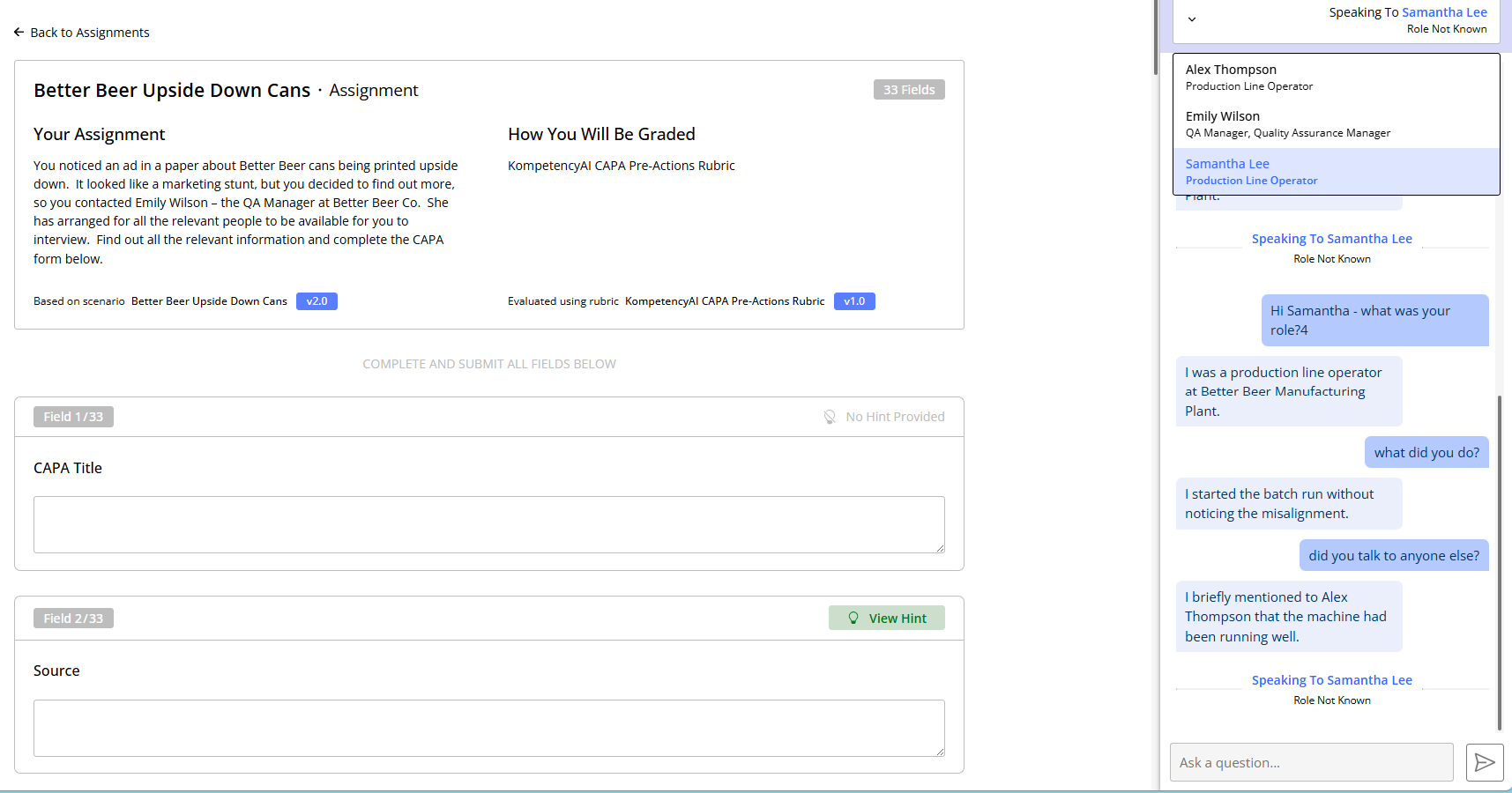 KompetencyAI assignment screen: the assignment brief and grading rubric on the left, with the role-play conversation panel on the right