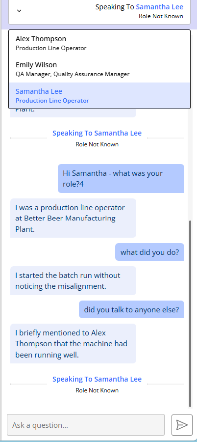Role-play conversation panel: the learner selects a character to speak to and asks questions; the AI character answers in role