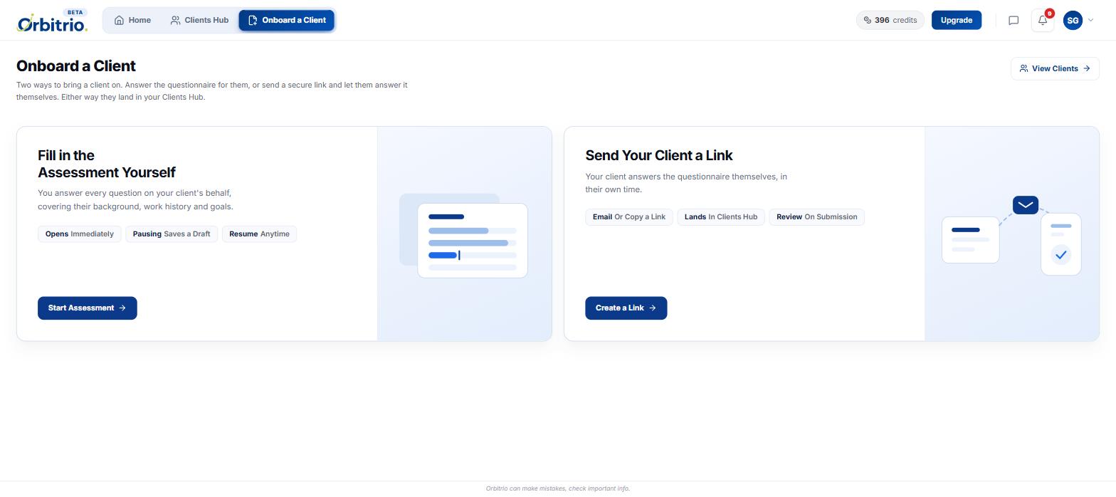 Orbitrio agent workspace, Onboard a Client: two options side by side, Fill in the Assessment Yourself with a Start Assessment button, and Send Your Client a Link with a Create a Link button