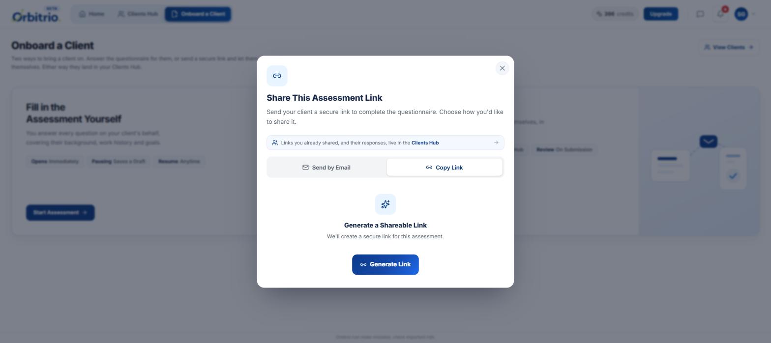 Orbitrio Share This Assessment Link dialog, with Send by Email and Copy Link tabs and a Generate Link button, shown over the Onboard a Client screen