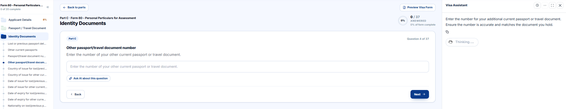 Orbitrio form workspace: Form 80 Identity Documents section, question 4 of 37 with an answer field and an Ask AI about this question button, the form outline on the left and the Visa Assistant panel on the right explaining the question