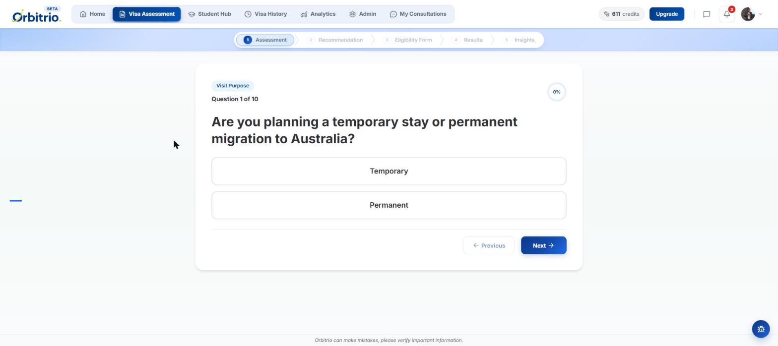 Orbitrio visa assessment, question 1 of 10: Are you planning a temporary stay or permanent migration to Australia? Temporary and Permanent options, with the assessment stages shown across the top