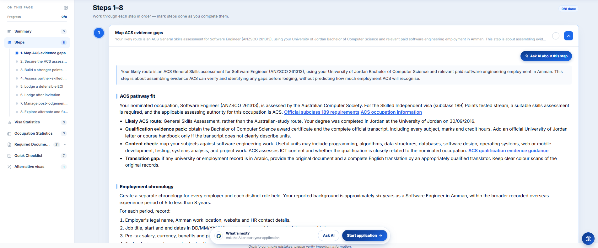 Orbitrio pathway page, Steps 1 to 8: step 1, Map ACS evidence gaps, expanded to show its guidance and an Ask AI about this step button, with the on-this-page navigation on the left