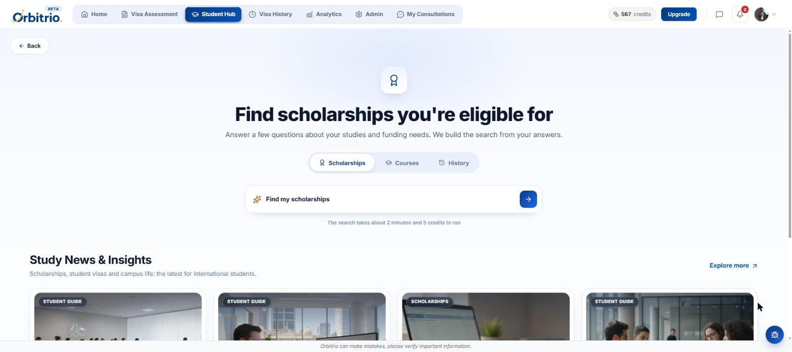 Orbitrio Student Hub: Find scholarships you're eligible for, with Scholarships, Courses and History tabs, a Find my scholarships action and a Study News and Insights row